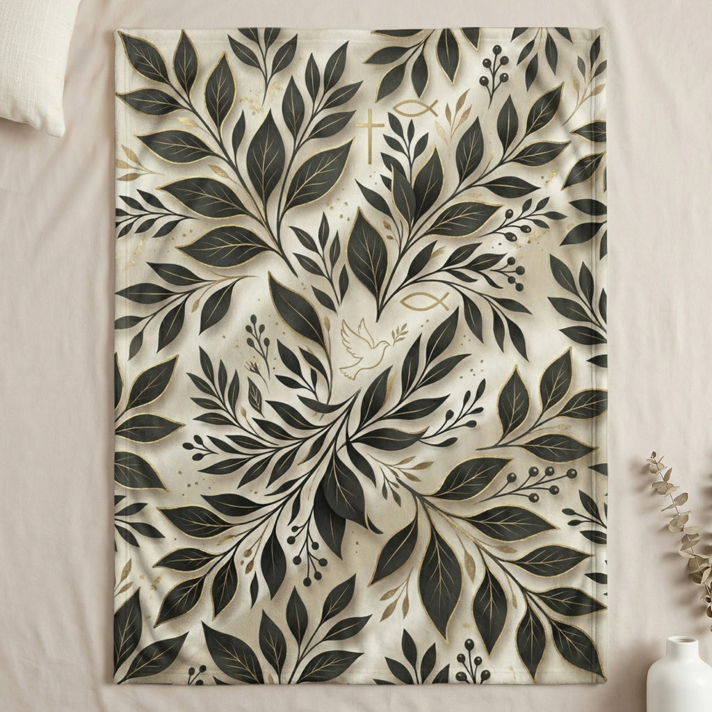 Pattern of dark leaves and golden Christian symbols on a textured background.