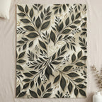 Pattern of dark leaves and golden Christian symbols on a textured background.