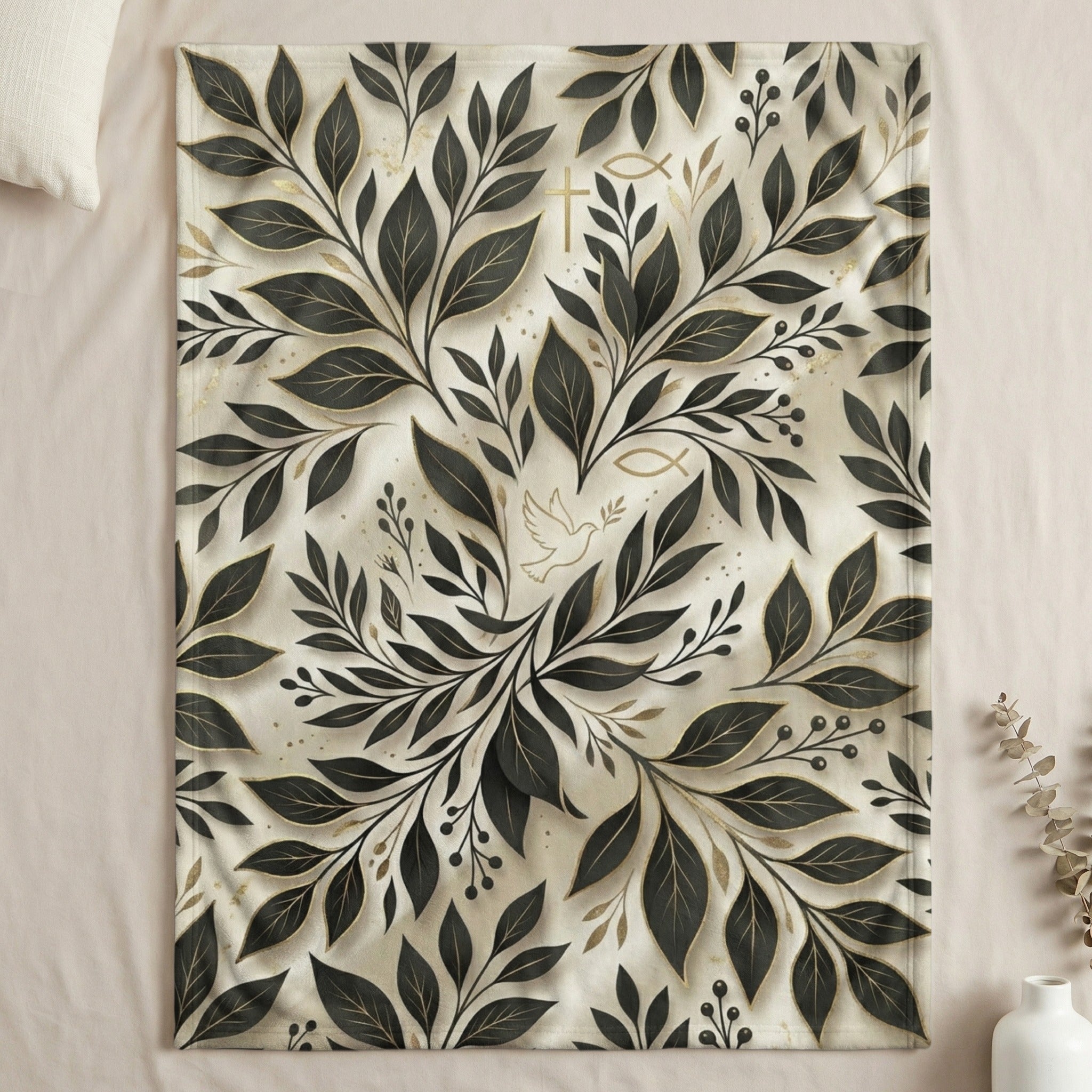Pattern of dark leaves and golden Christian symbols on a textured background.
