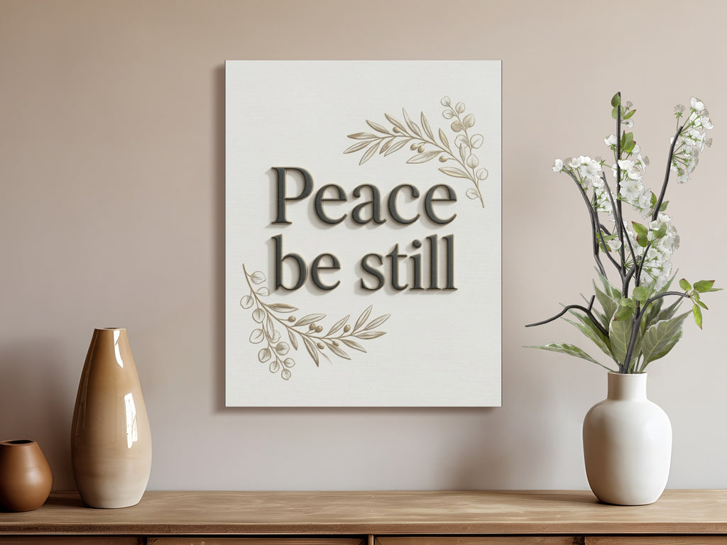 Canvas art with "Peace be still" text and floral motifs, displayed above vases.