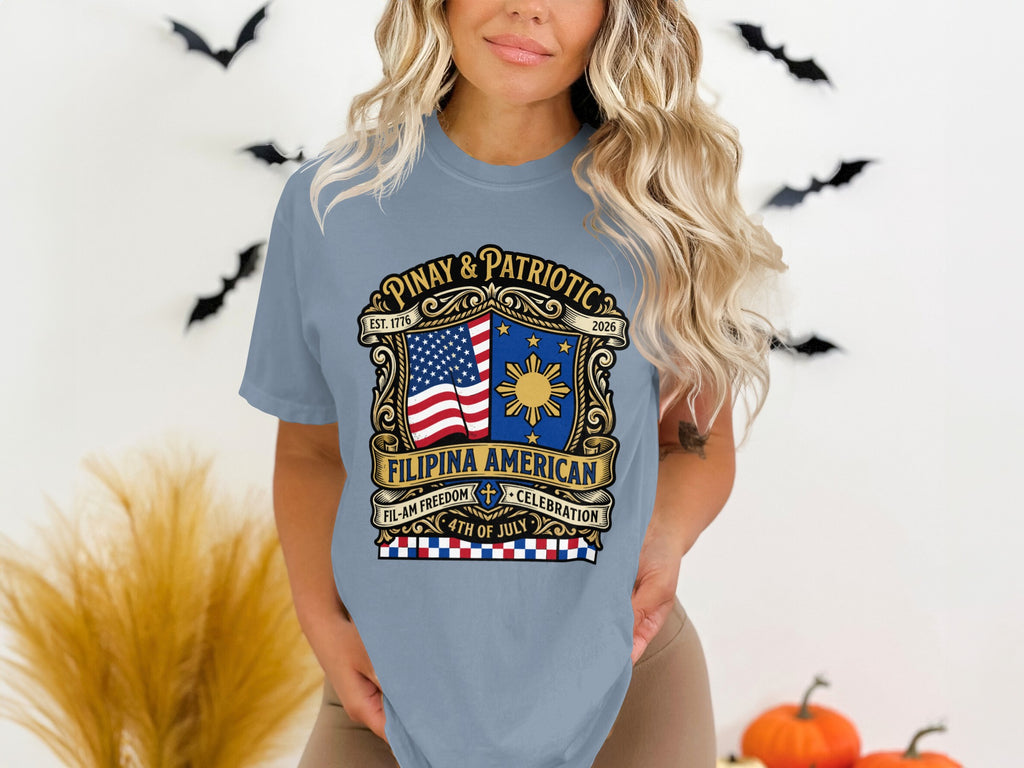 Gray t-shirt with "Pinay & Patriotic Filipina American Fil-Am Freedom Celebration 4th of July" text and US flag.