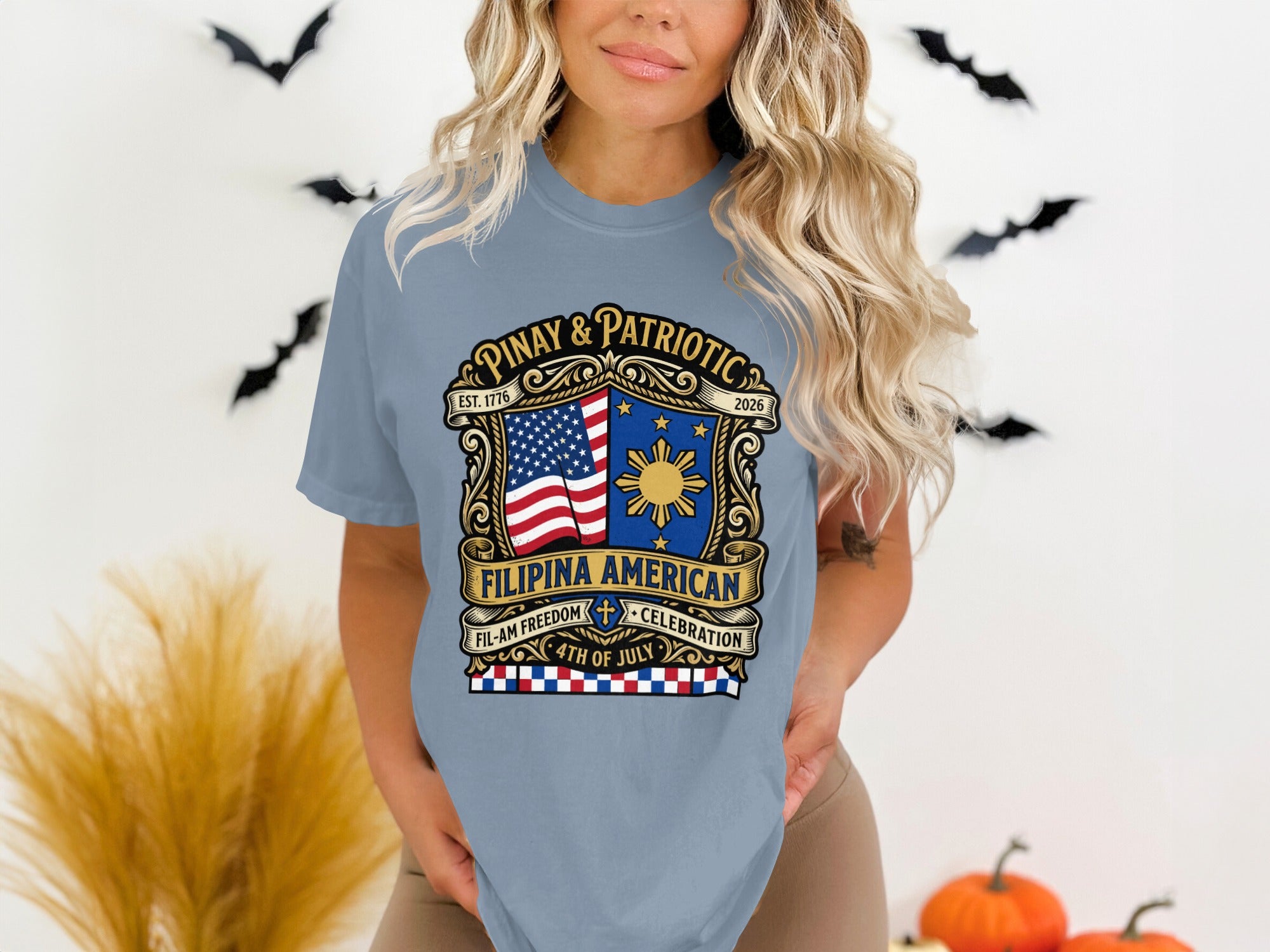 Gray t-shirt with "Pinay & Patriotic Filipina American Fil-Am Freedom Celebration 4th of July" text and US flag.