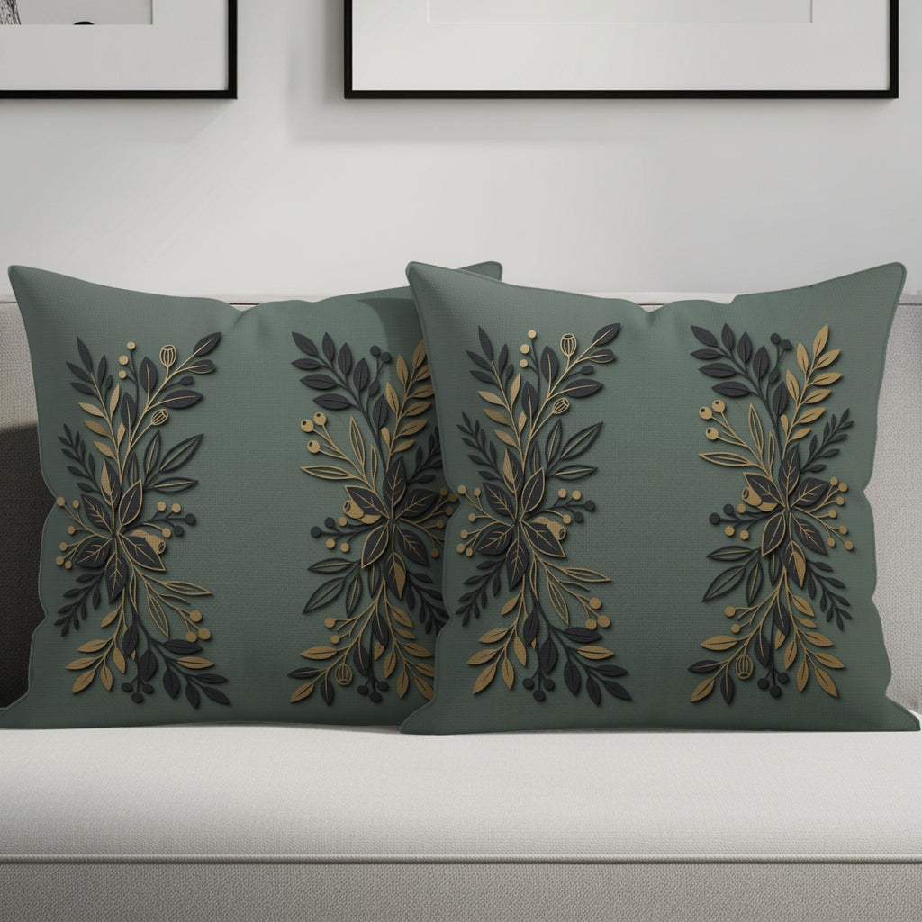 Two sage green throw pillows with gold botanical embroidery.