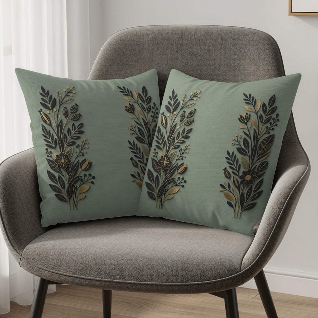 Two sage green decorative pillows with gold and black floral designs on a chair.