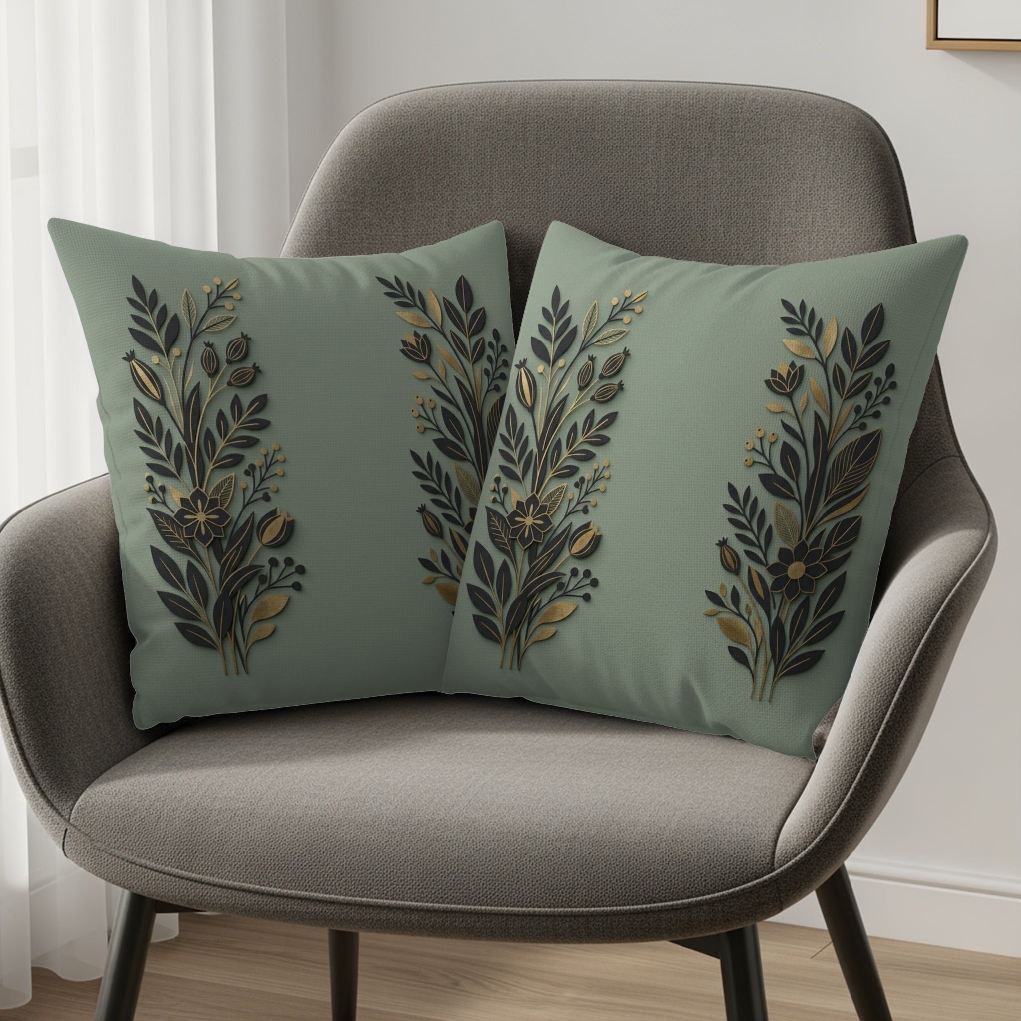 Two sage green decorative pillows with gold and black floral designs on a chair.