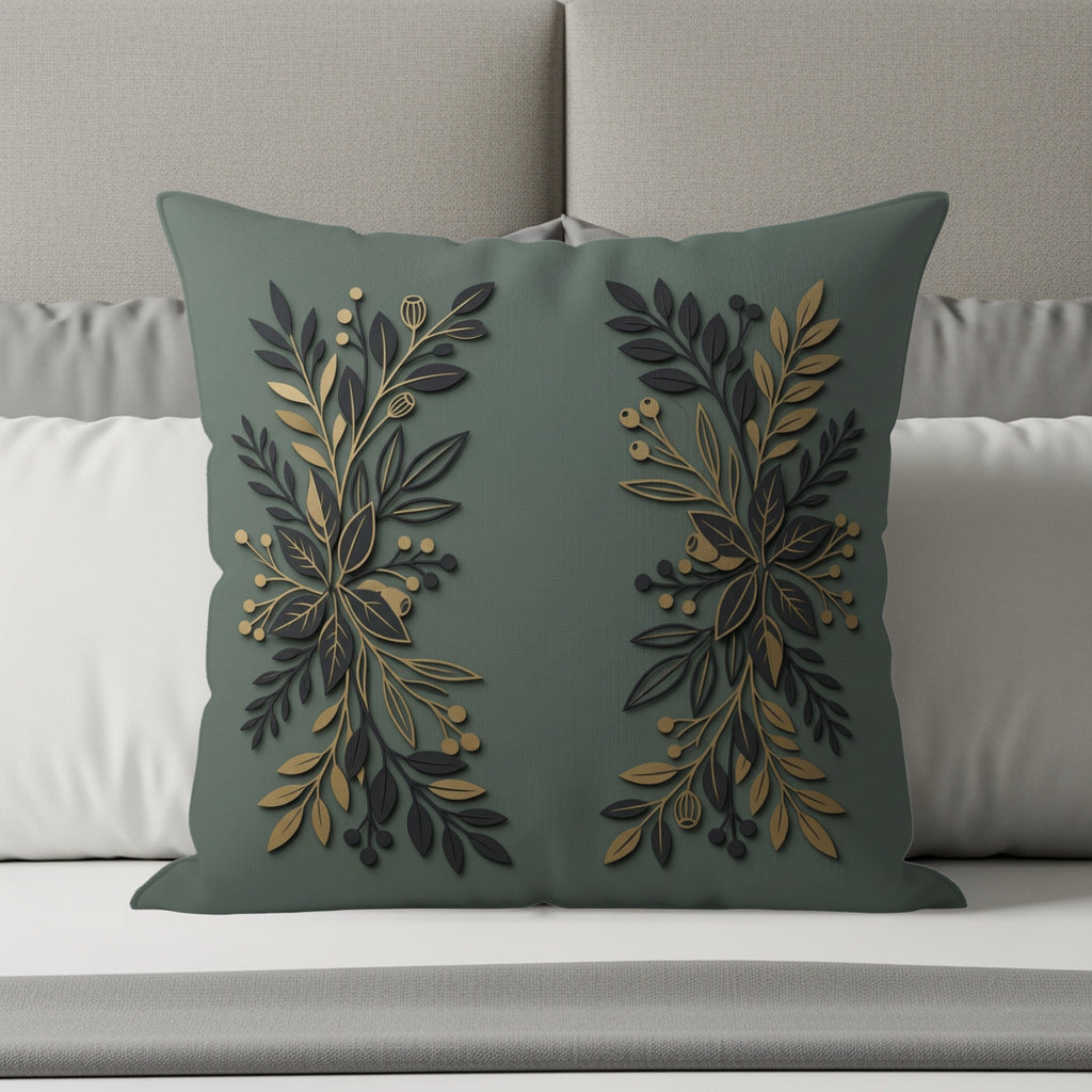Green throw pillow with gold and dark green botanical design.