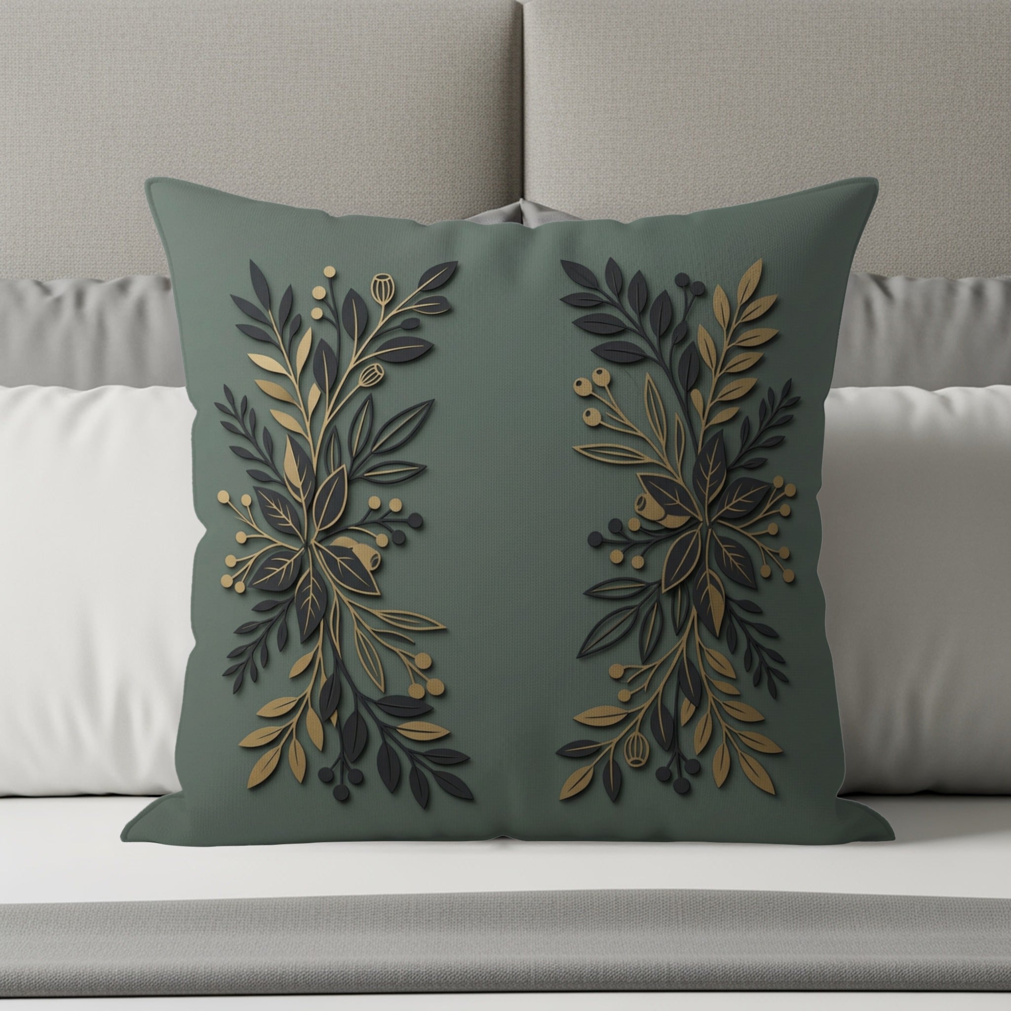 Green throw pillow with gold and dark green botanical design.