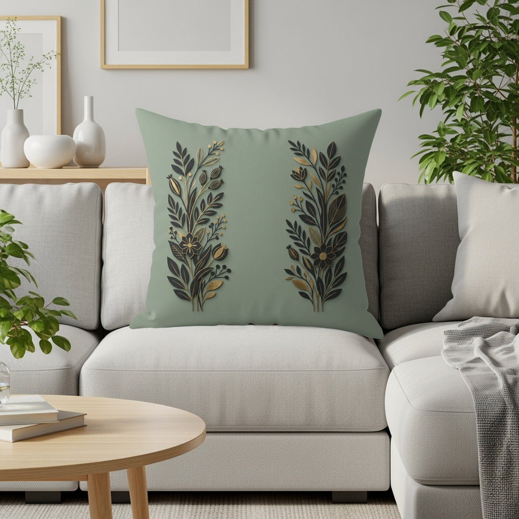 Sage green pillow with gold floral design on a sofa.