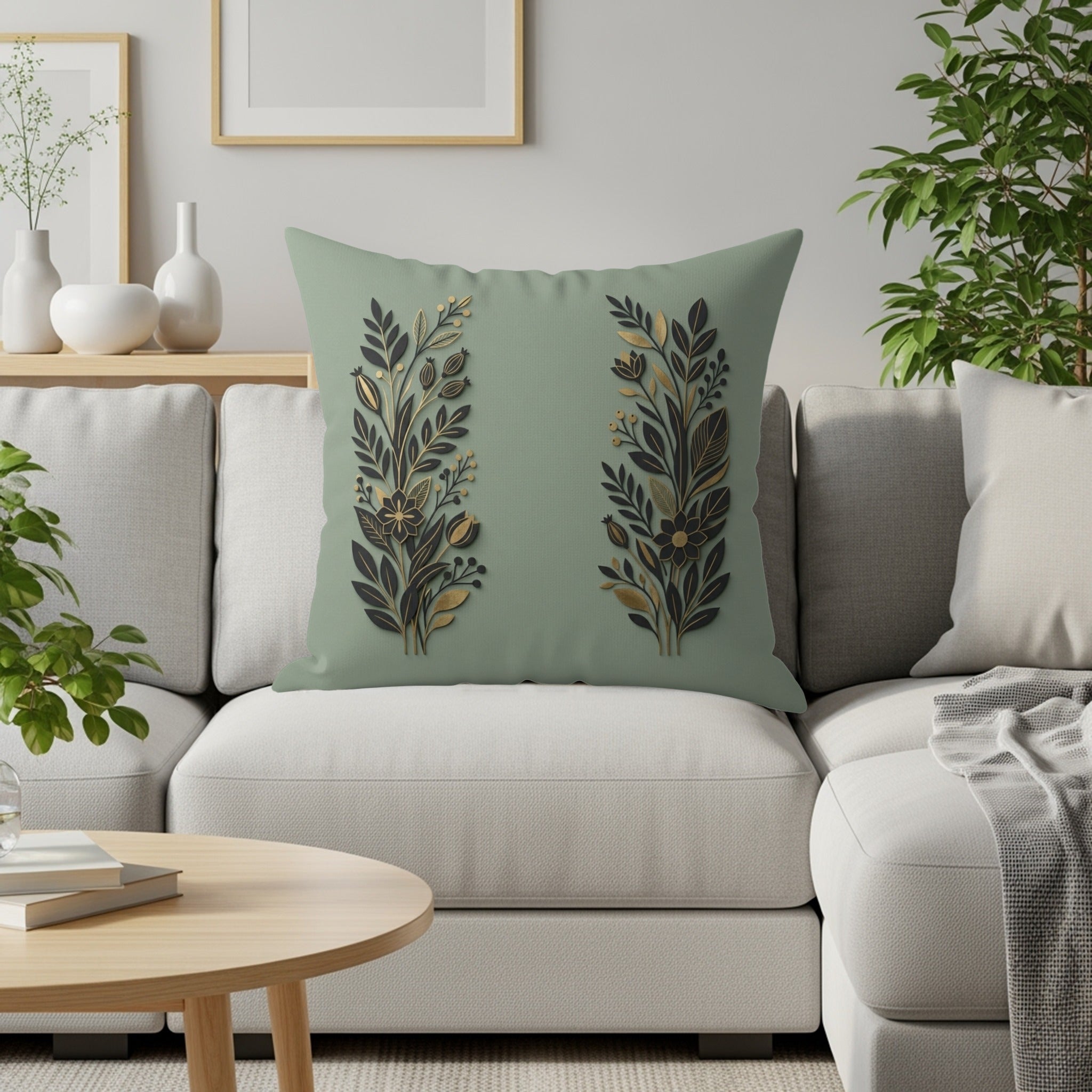 Sage green pillow with gold floral design on a sofa.