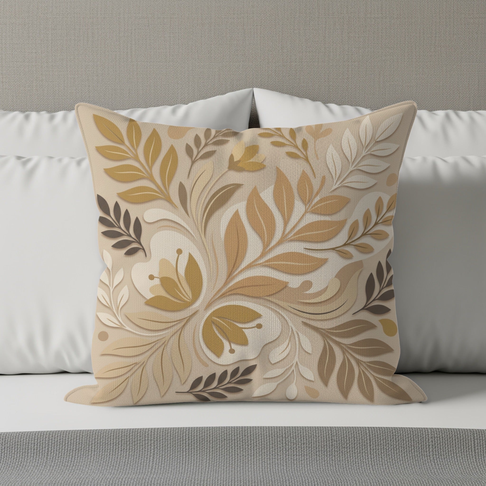 Decorative throw pillow with a tonal floral leaf pattern in beige and tan.