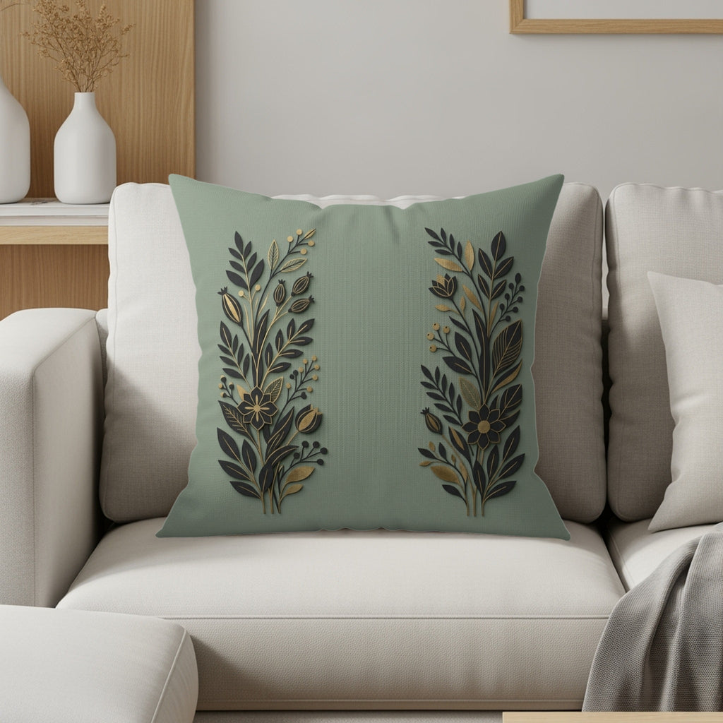 Sage green throw pillow with gold floral embellishments on a cream sofa.