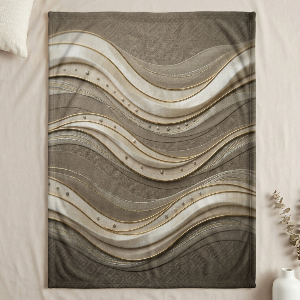 Brown and gold wavy patterned throw blanket with beaded accents.
