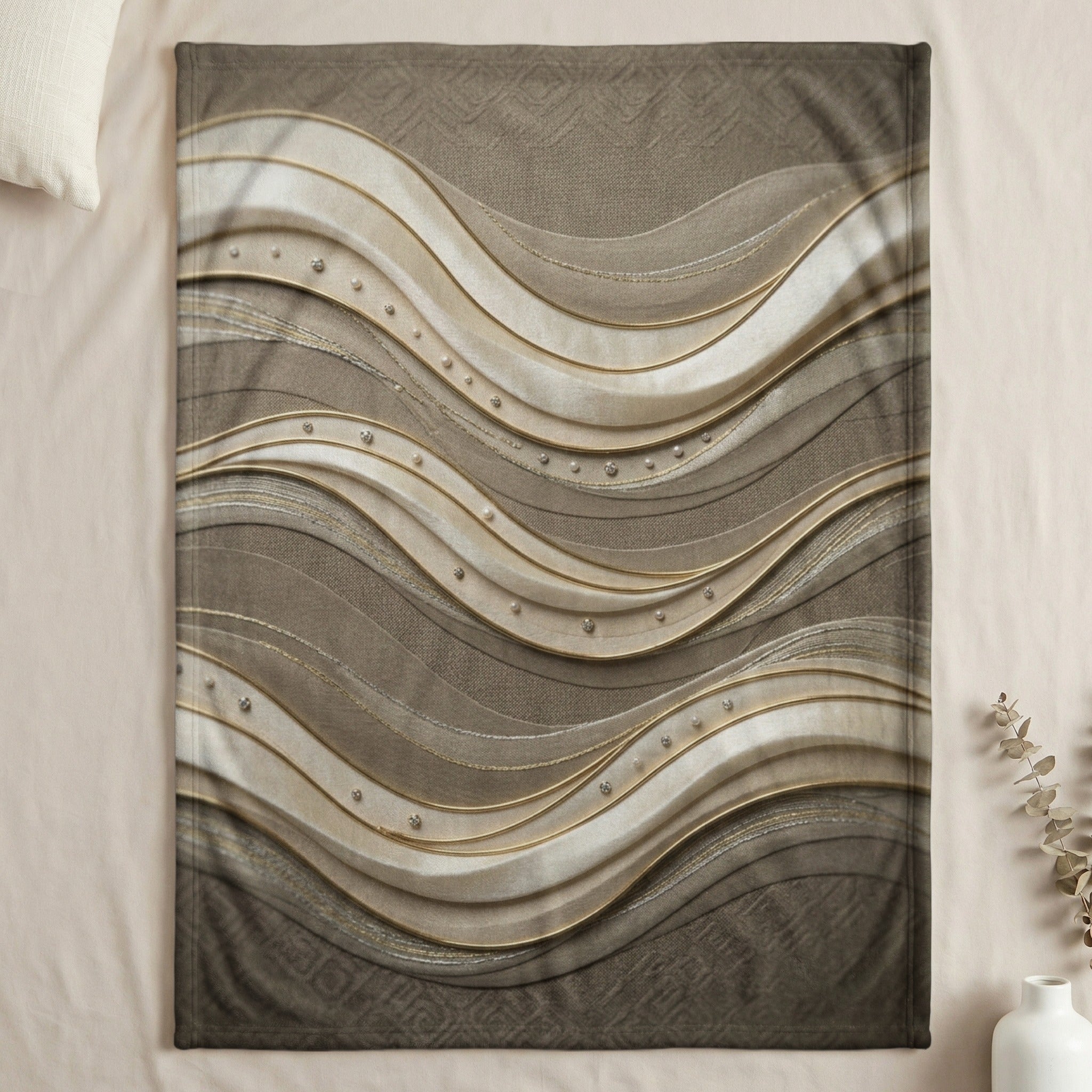 Brown and gold wavy patterned throw blanket with beaded accents.