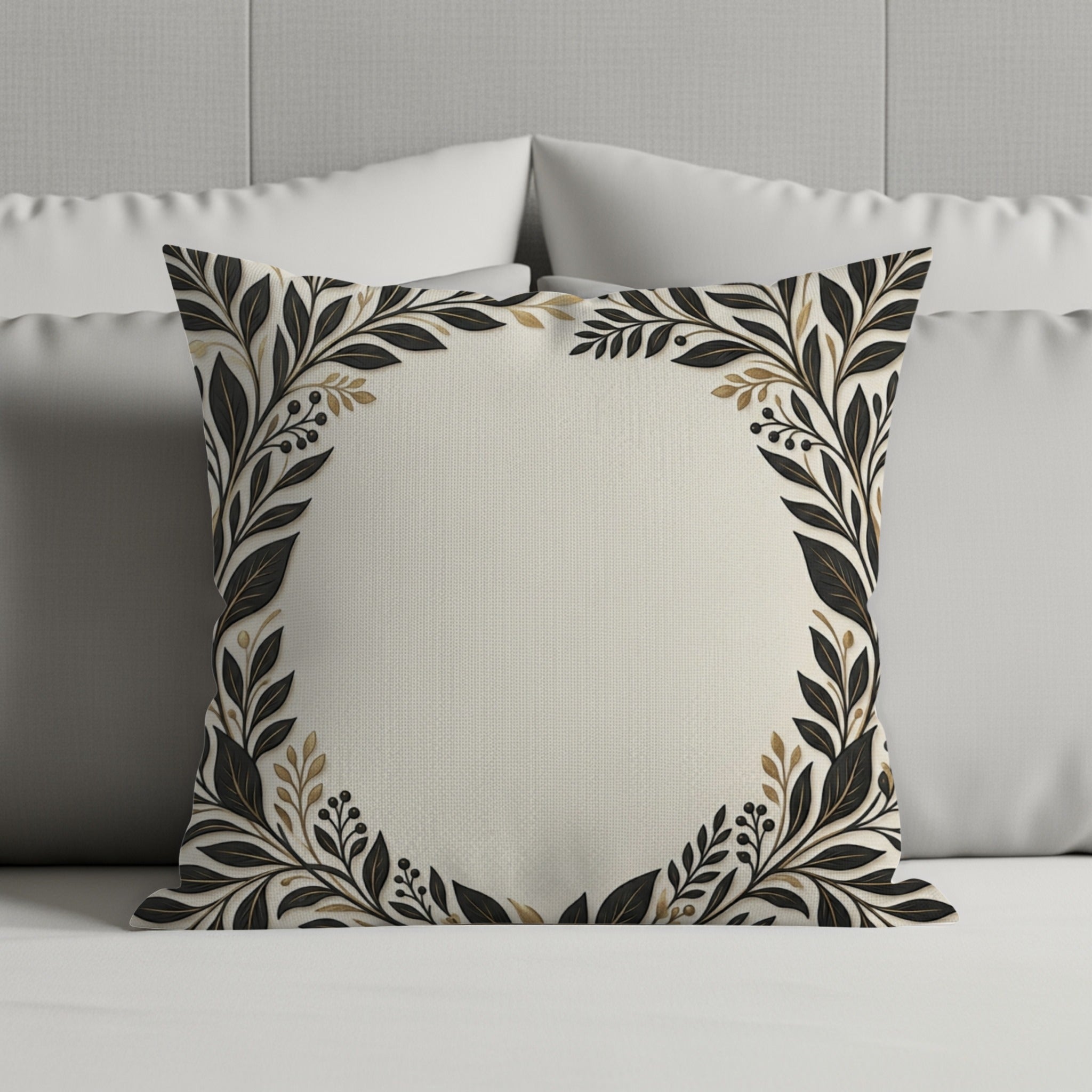 Square decorative pillow with floral black and gold leaf border.