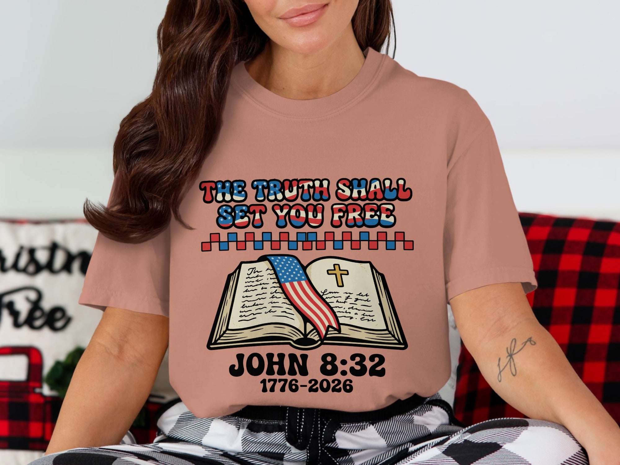 T-shirt with open book, American flag, and "The Truth Shall Set You Free John 8:32" text.