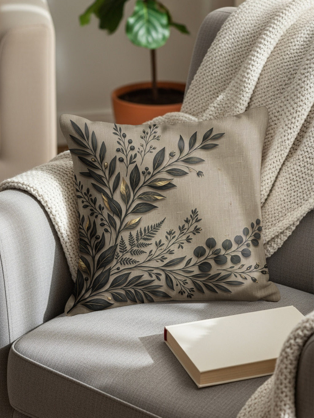 Square pillow with dark botanical design on a gray armchair.