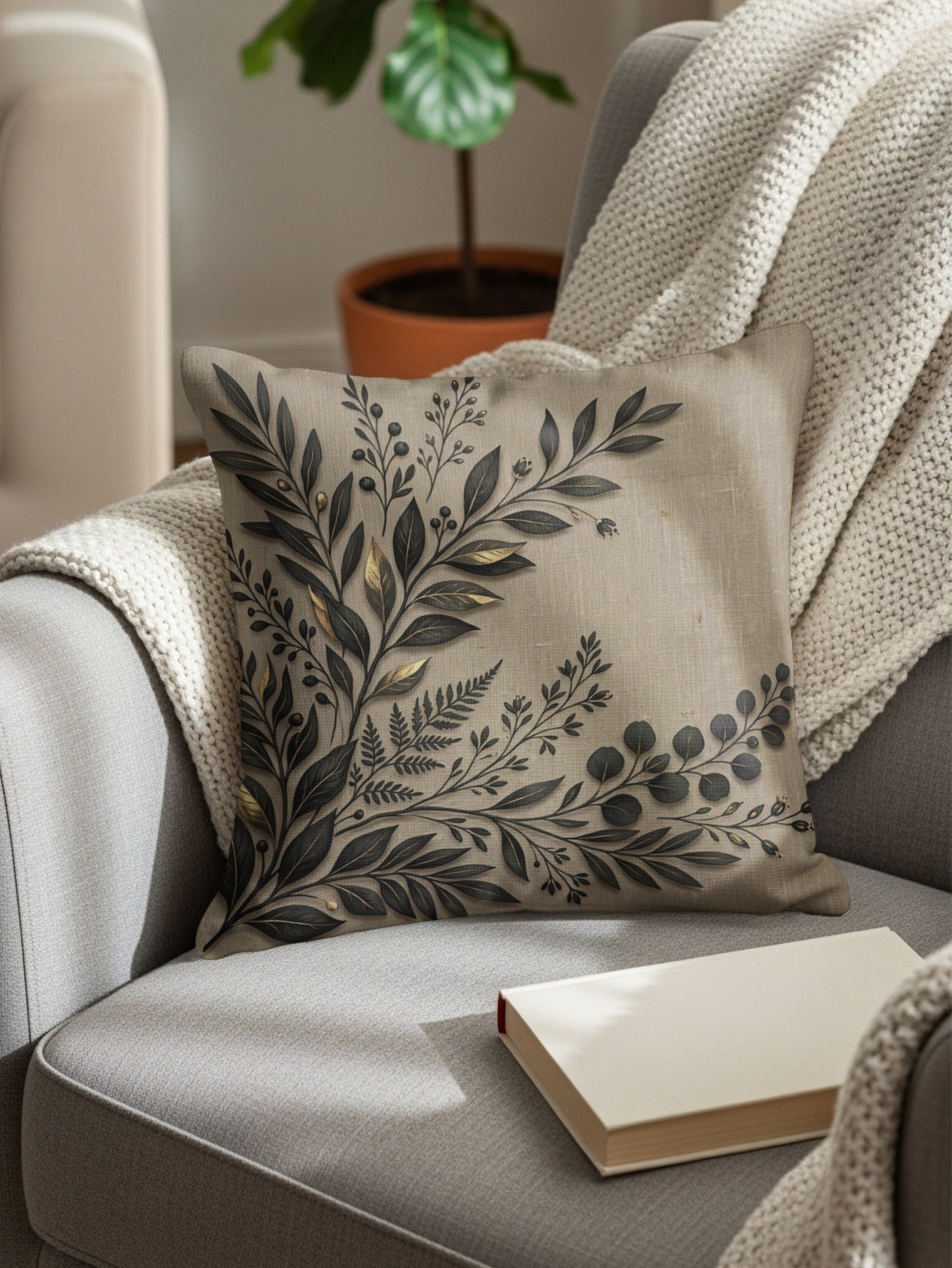 Square pillow with dark botanical design on a gray armchair.