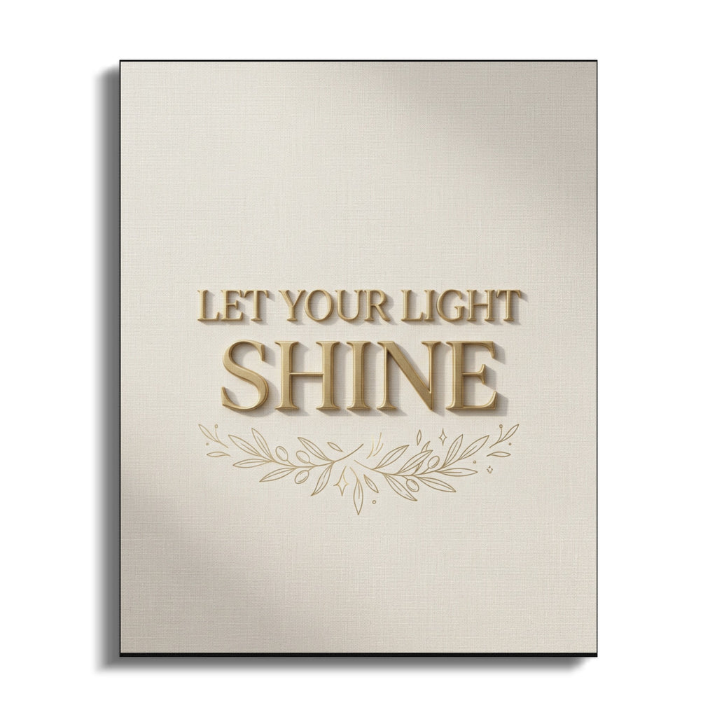 Canvas print with gold embossed text "LET YOUR LIGHT SHINE" and olive branches.
