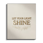Canvas print with gold embossed text "LET YOUR LIGHT SHINE" and olive branches.