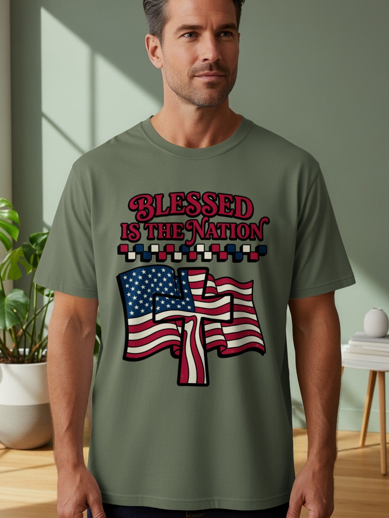 Olive t-shirt with American flag and cross graphic that reads "Blessed Is The Nation".