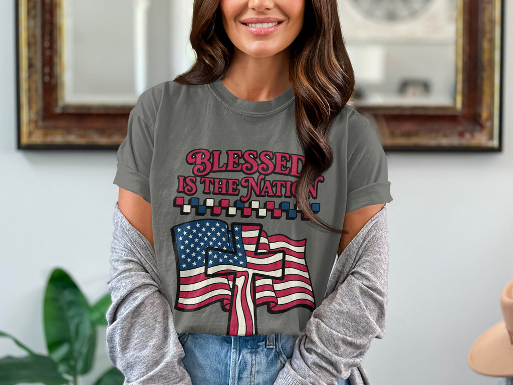 Gray t-shirt with "Blessed is the Nation" and American flags graphic.