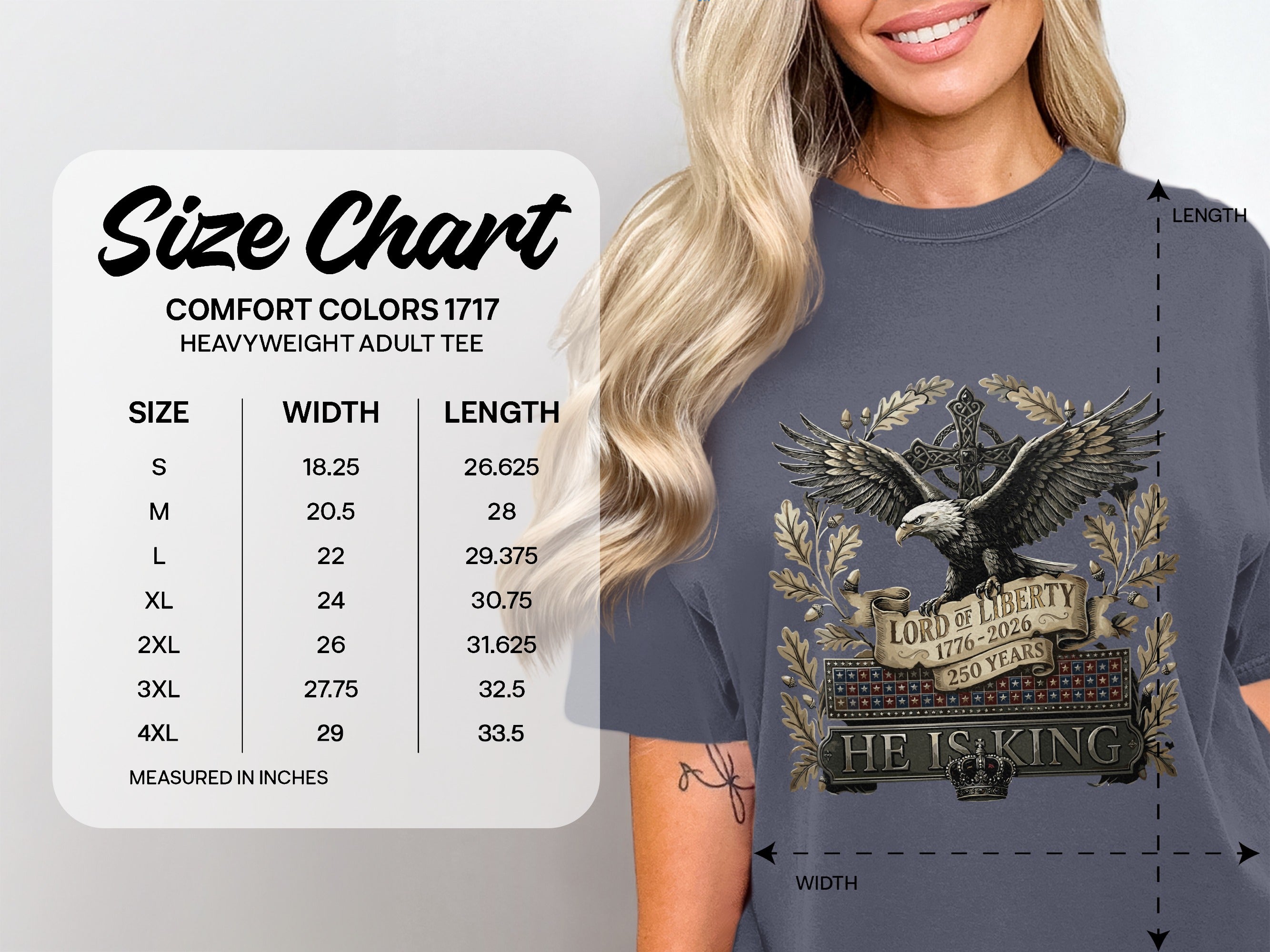 Size chart for Comfort Colors heavyweight adult t-shirt with measurement details.