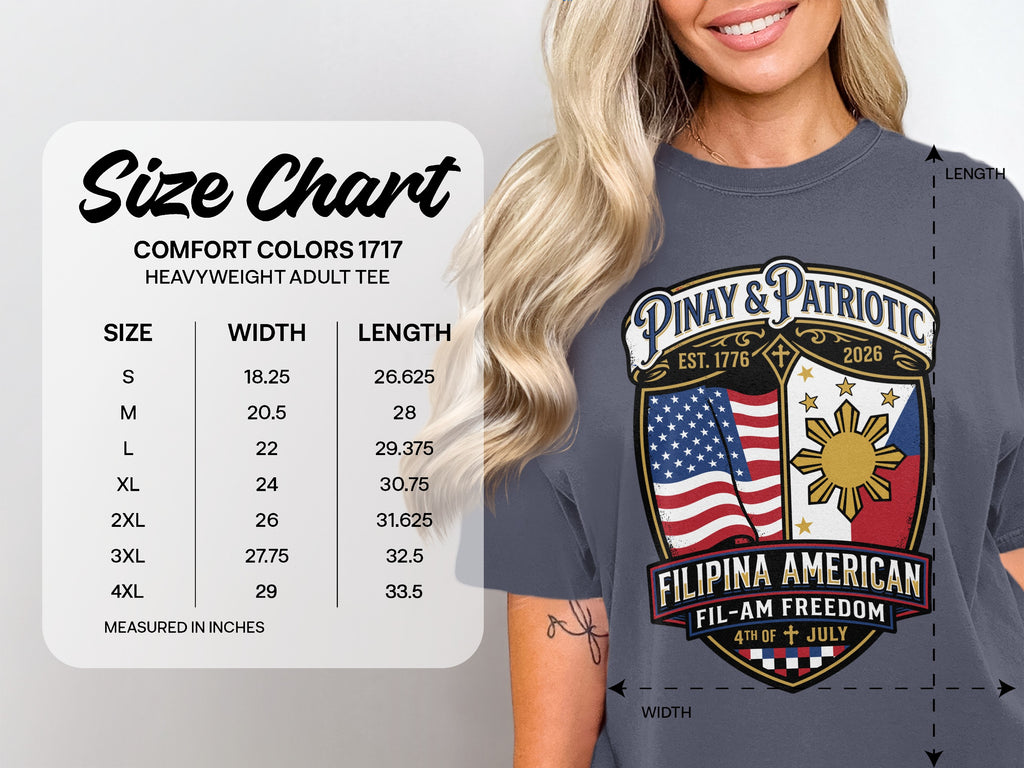 Size chart for Comfort Colors 1717 heavyweight tee with "Pinay & Patriotic" graphic.