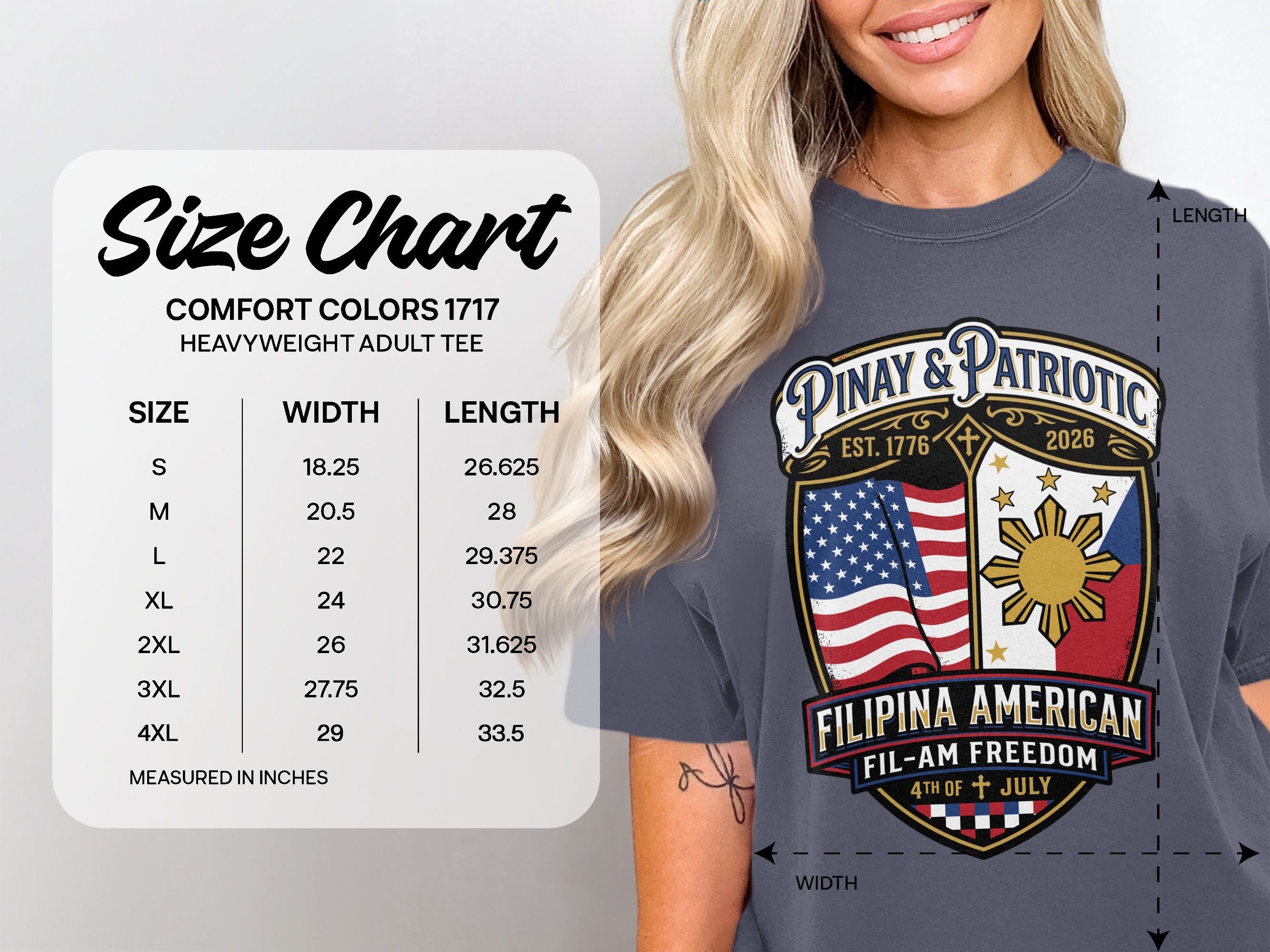 Size chart for Comfort Colors 1717 heavyweight tee with "Pinay & Patriotic" graphic.