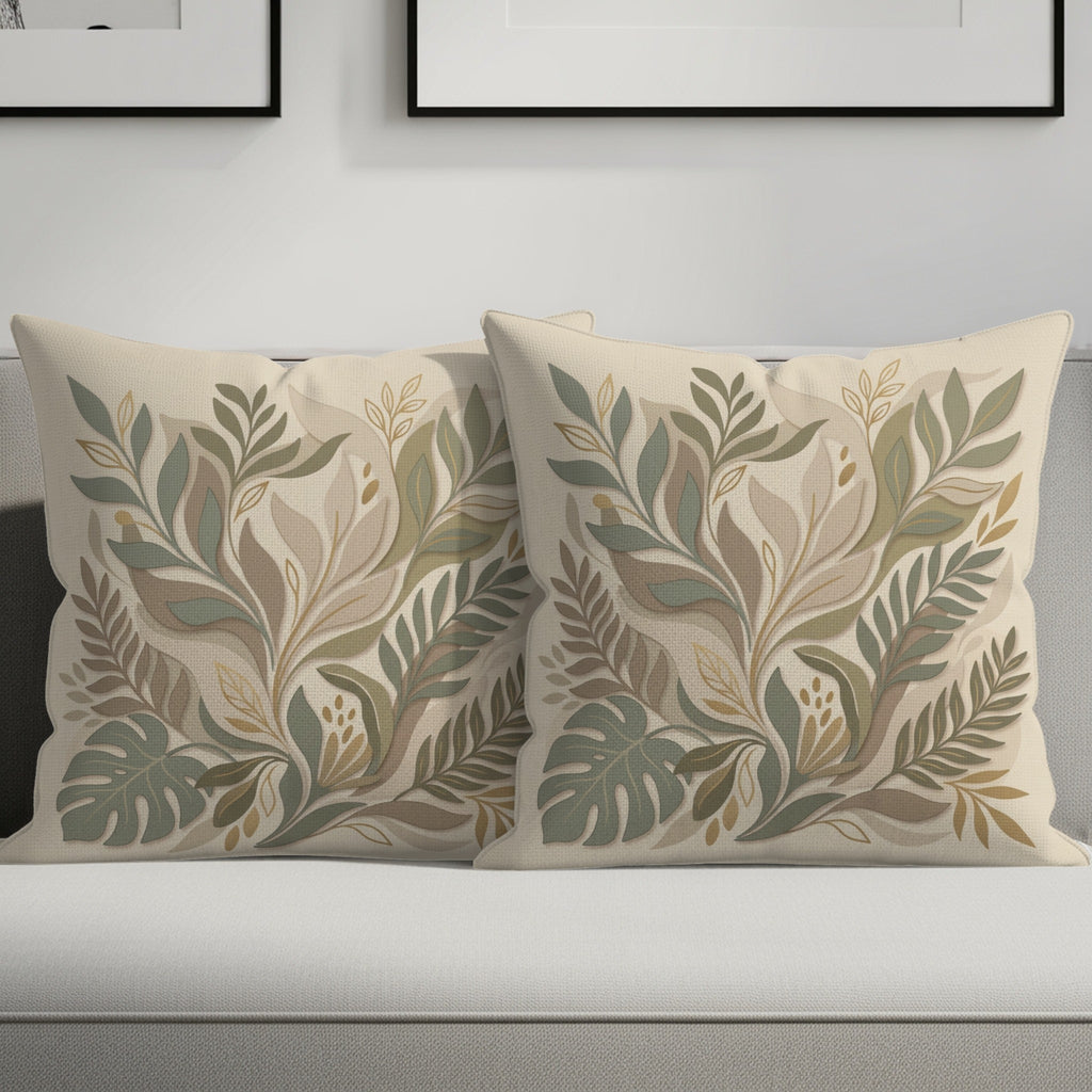 Two square throw pillows with a muted green and beige floral leaf pattern.
