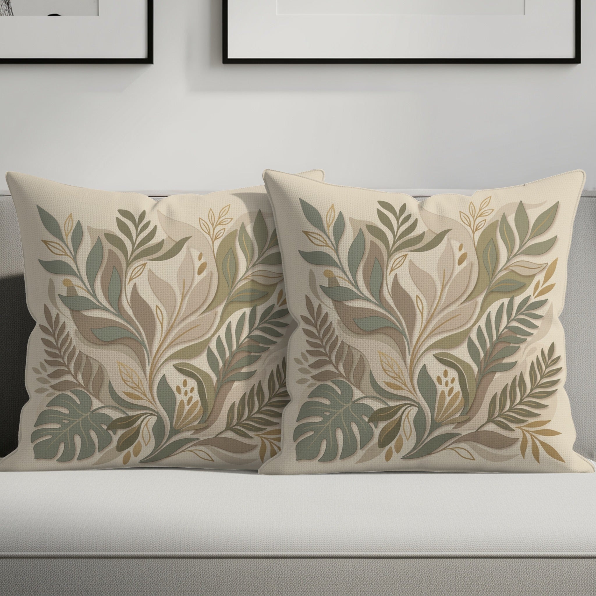 Two square throw pillows with a muted green and beige floral leaf pattern.
