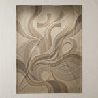 Textured blanket with abstract cross and fish motifs in neutral tones.
