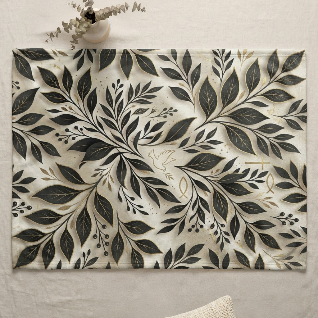 Cream placemat with black leaf and vine pattern, featuring subtle cross and dove symbols.