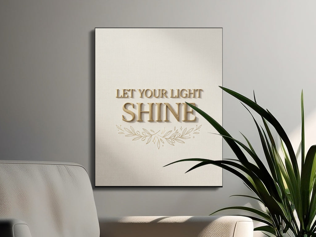 Canvas print with "LET YOUR LIGHT SHINE" and a leafy branch design.