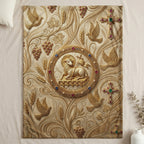 Religious blanket with lamb, crosses, doves, and grapes motif.