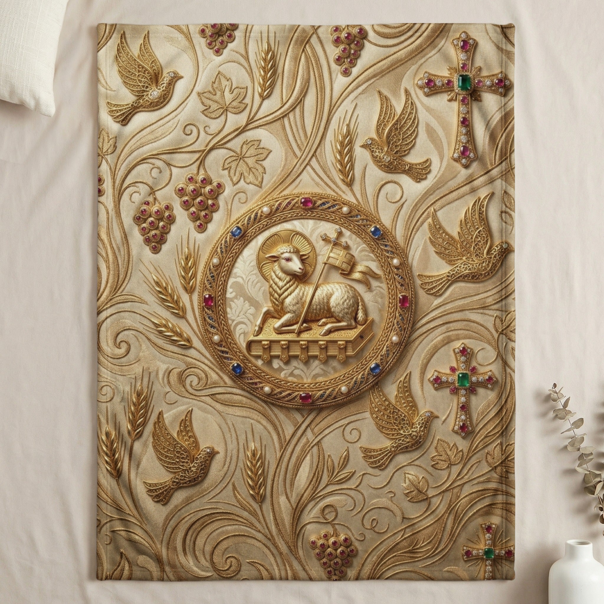 Religious blanket with lamb, crosses, doves, and grapes motif.