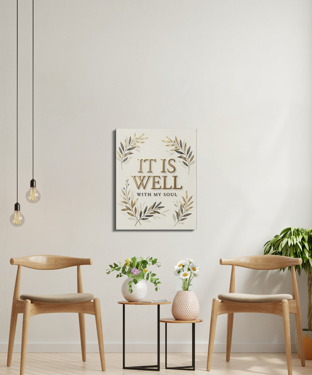 "It Is Well With My Soul" text art on canvas with decorative leaves.