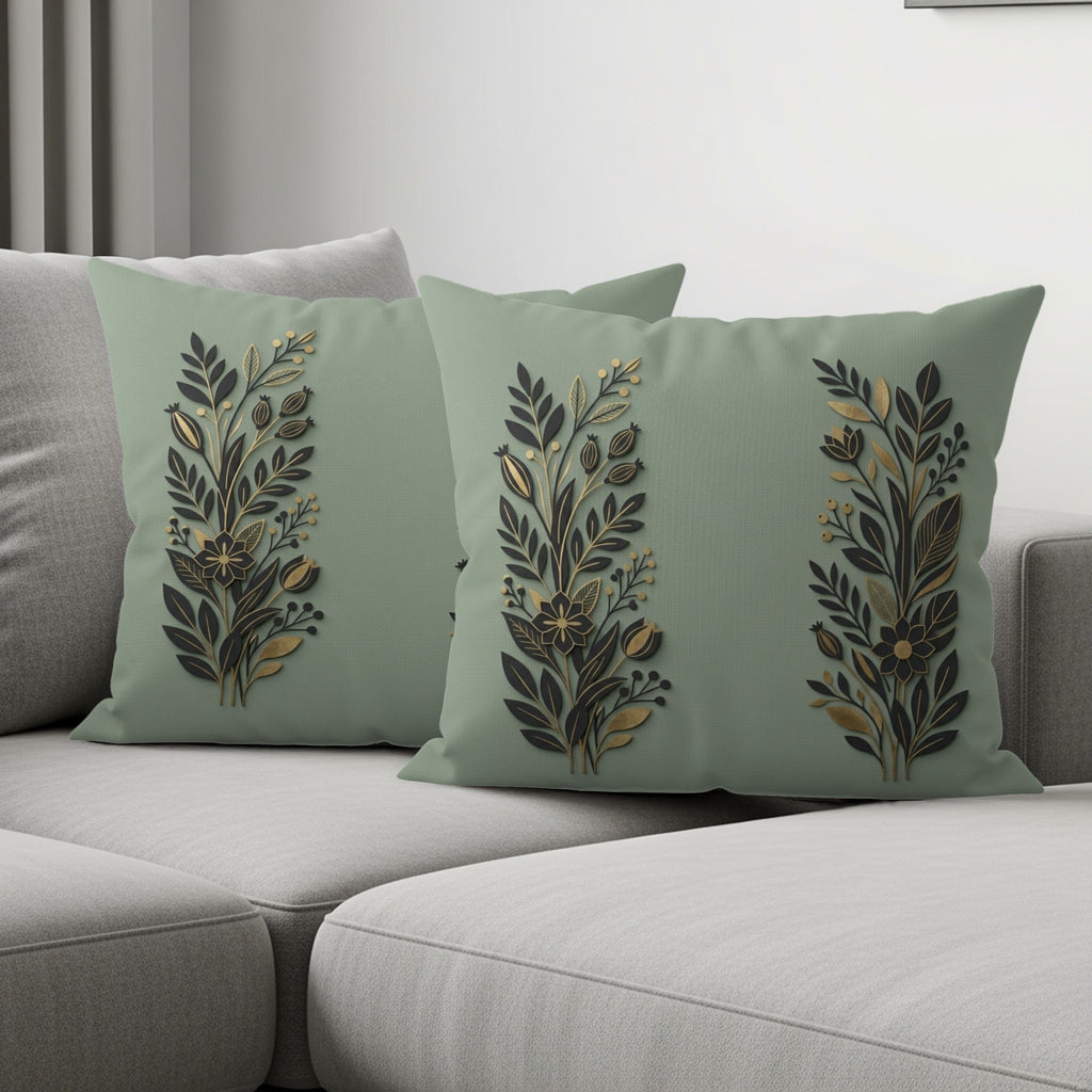 Sage green throw pillows with gold and black floral patterns on a couch.