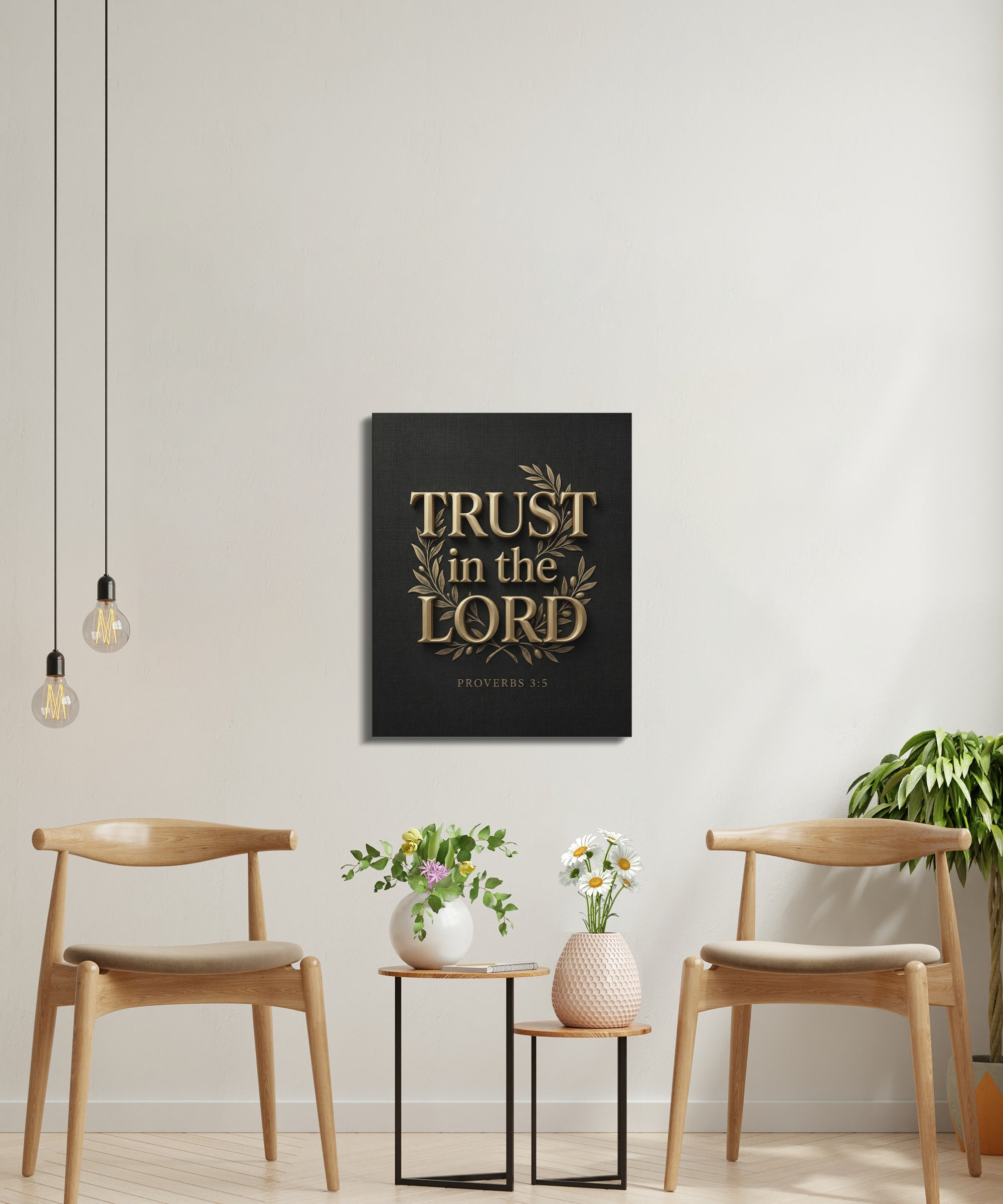 Black canvas art with "Trust in the Lord" text and laurel leaves.