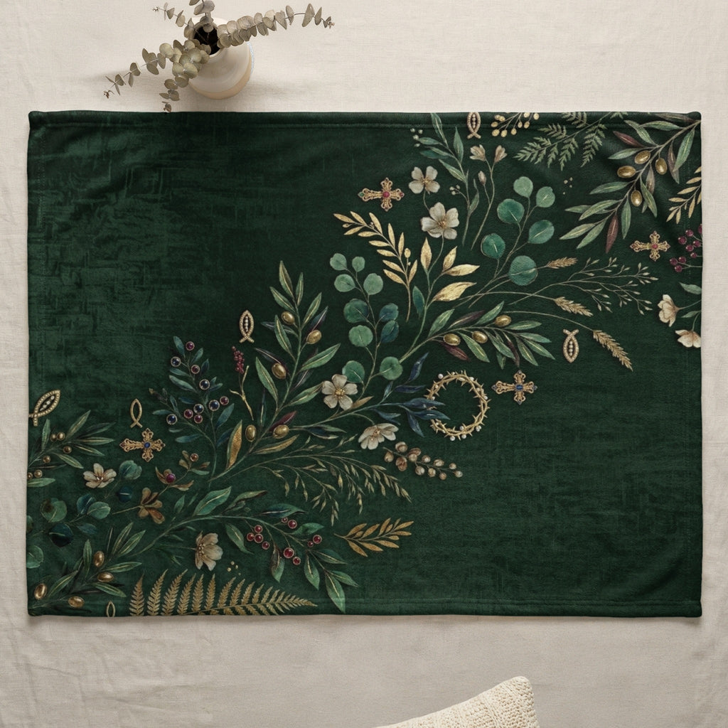 Green fleece throw blanket with botanical and cross designs.