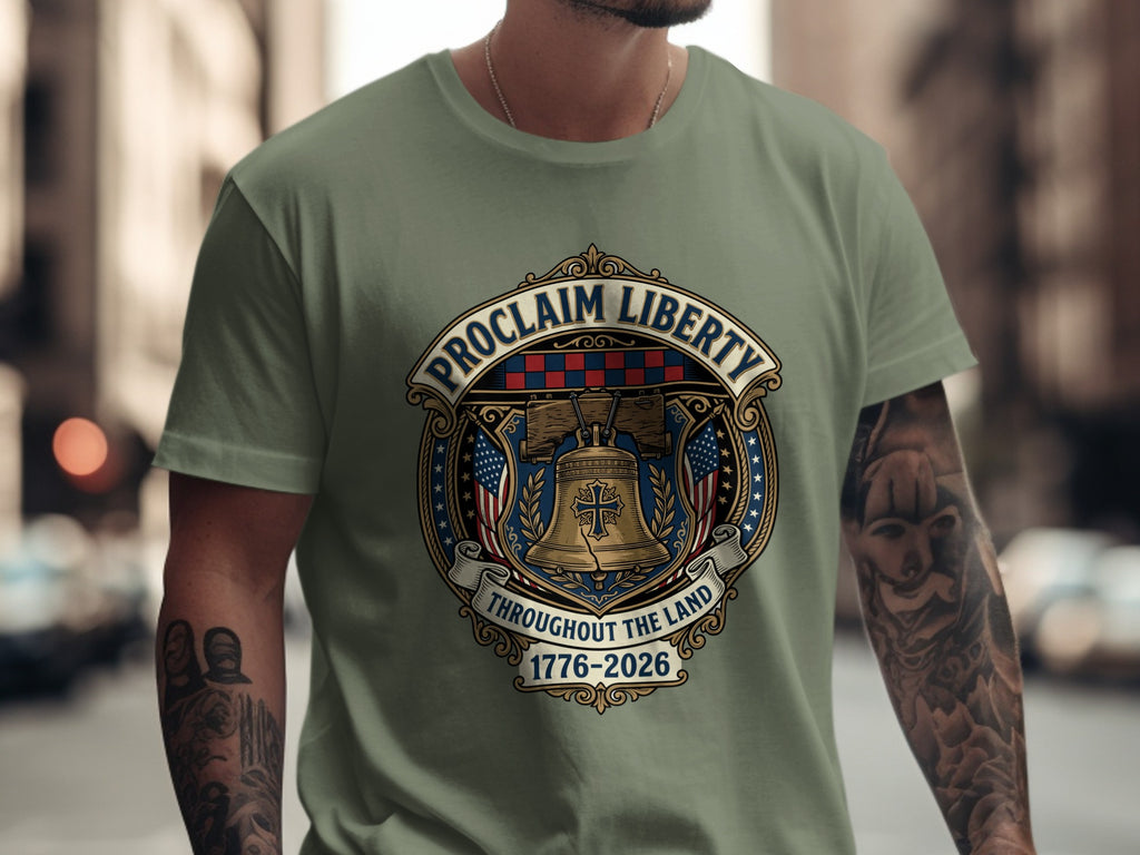 T-shirt with "Proclaim Liberty" text and Liberty Bell emblem.
