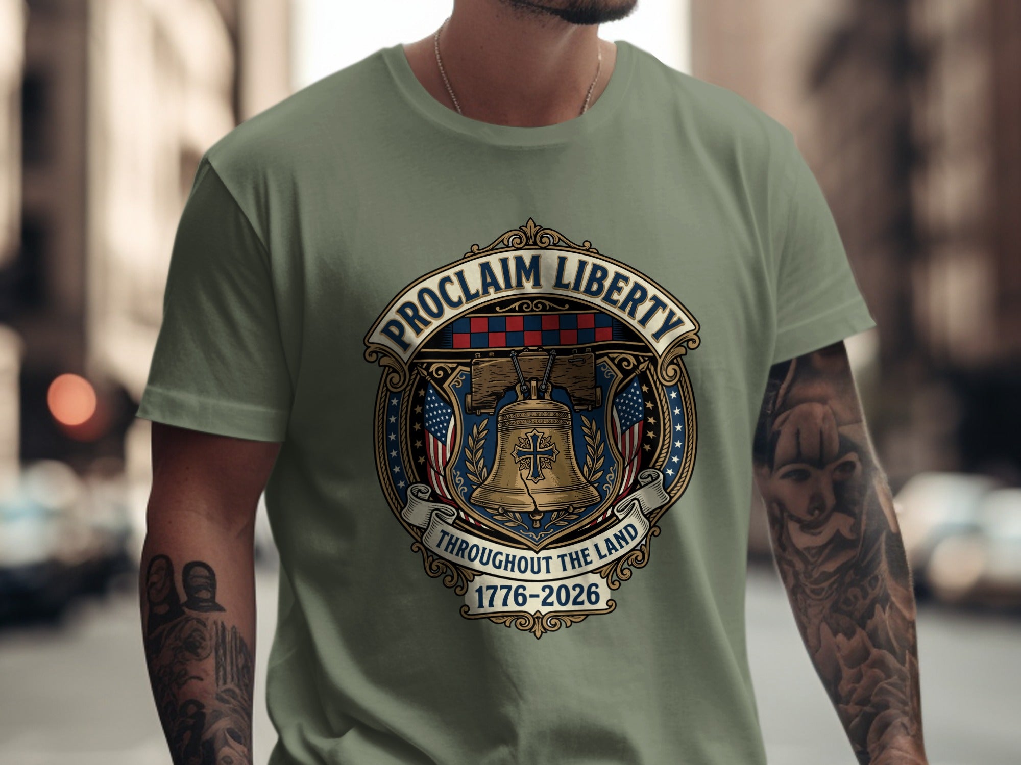 T-shirt with "Proclaim Liberty" text and Liberty Bell emblem.