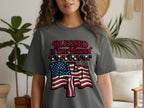 Gray t-shirt with "Blessed is the Nation" text and American flag design.