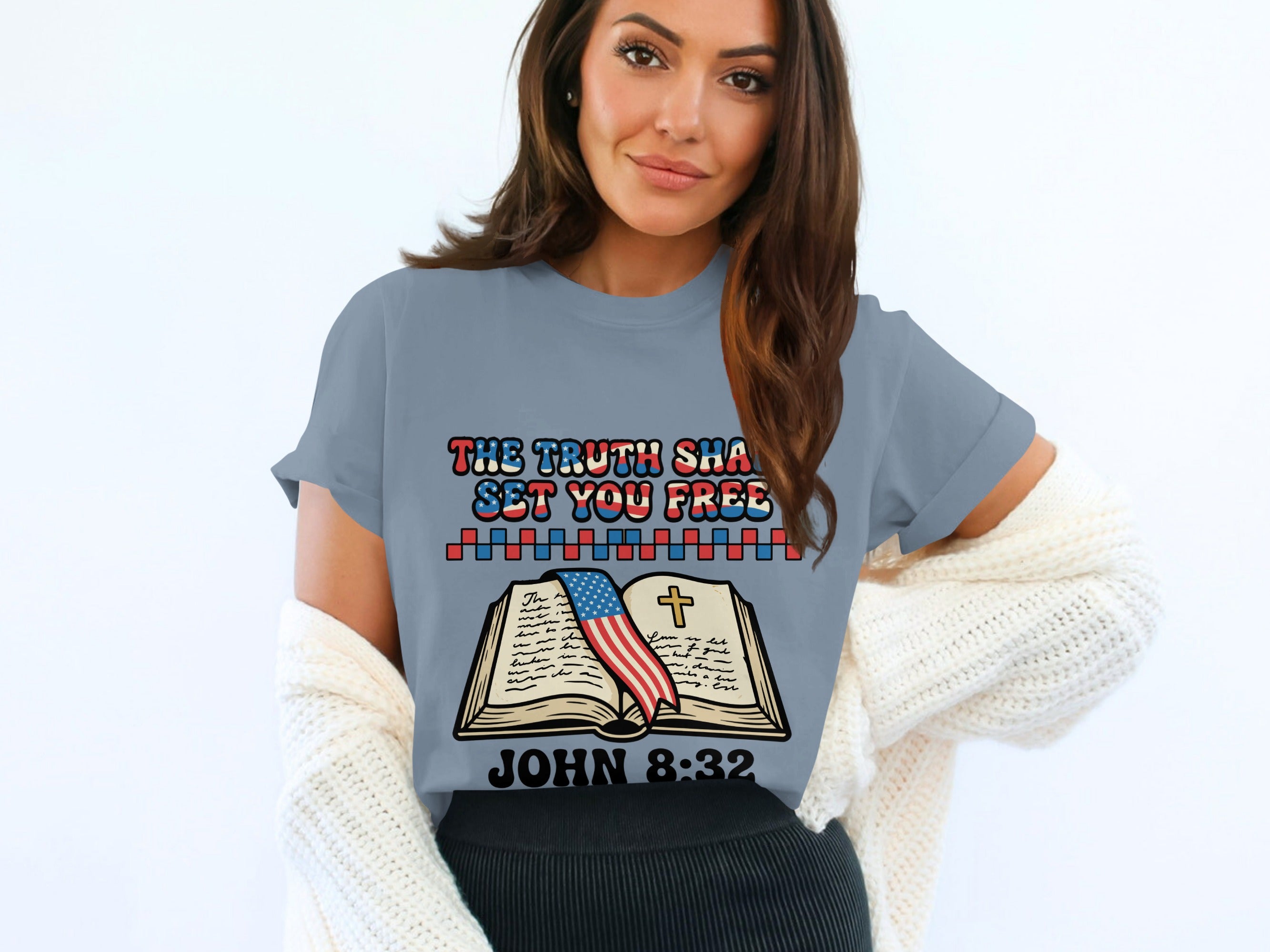 Gray t-shirt with "The Truth Shall Set You Free" and John 8:32.