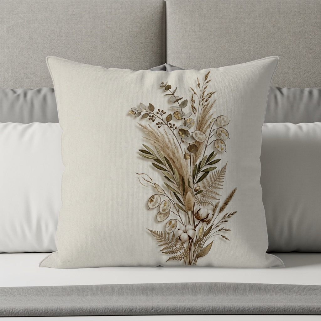 Floral bouquet design on a textured cream pillow with gray and white bedding.