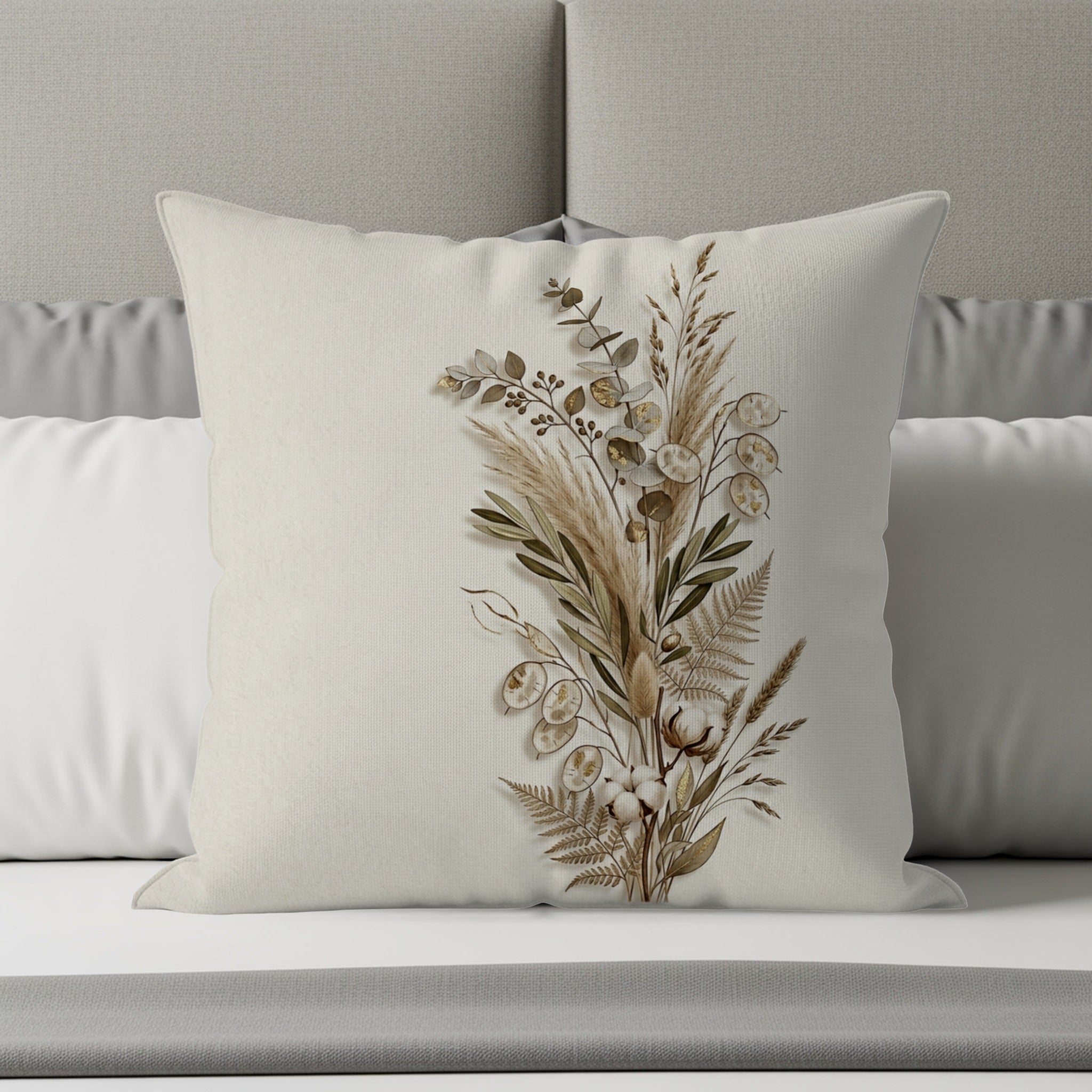 Floral bouquet design on a textured cream pillow with gray and white bedding.