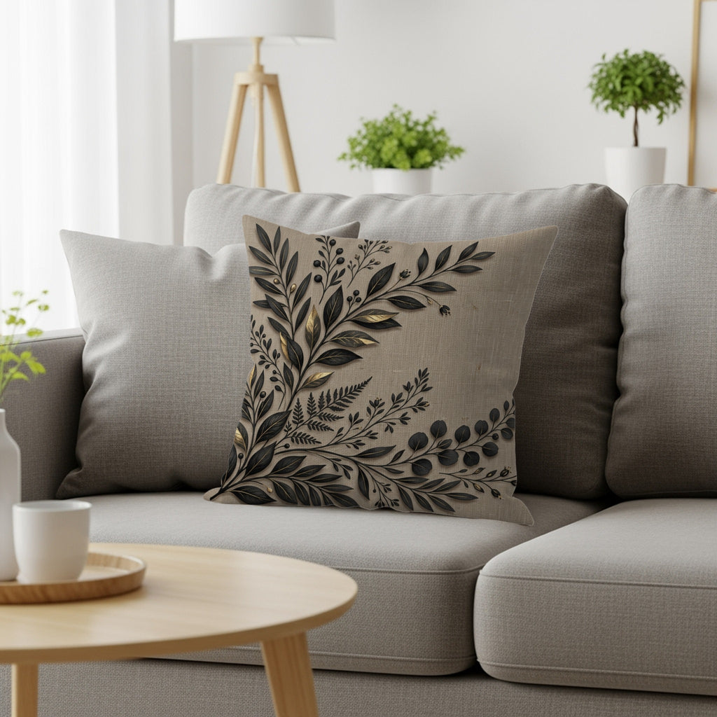Textured gray pillow with dark botanical design on a light gray sofa.