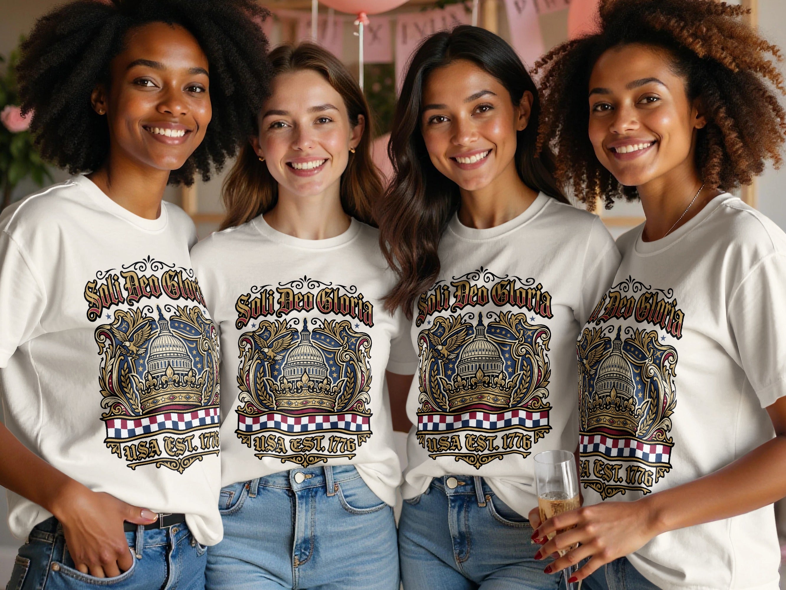 Four women in matching white t-shirts with patriotic "Soli Deo Gloria USA EST. 1776" design.