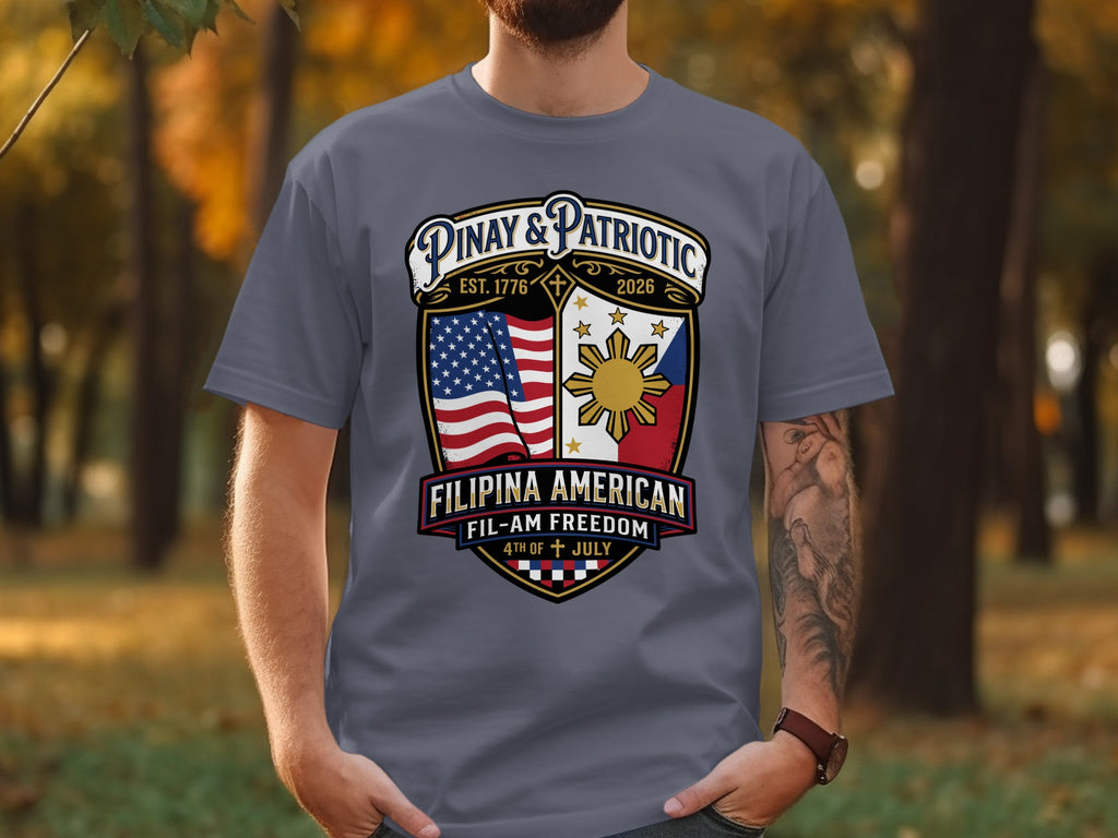 Gray t-shirt with "Pinay & Patriotic Filipina American" crest and flags.