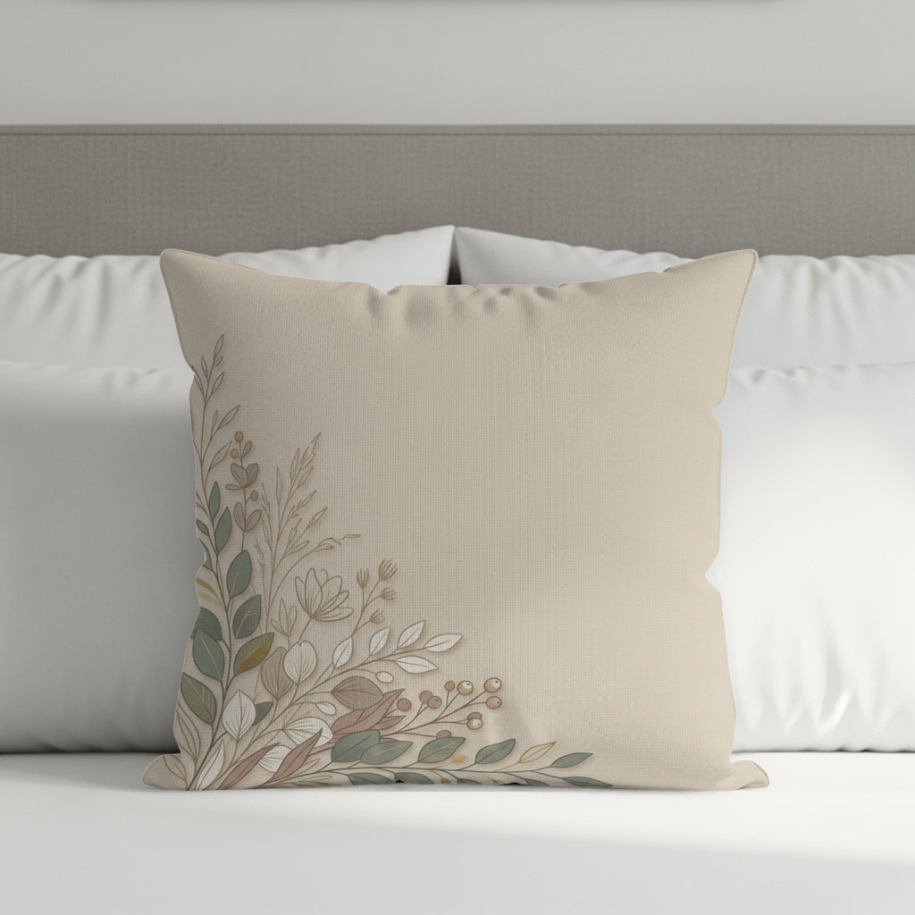 Tan decorative pillow with a delicate floral design on the left.