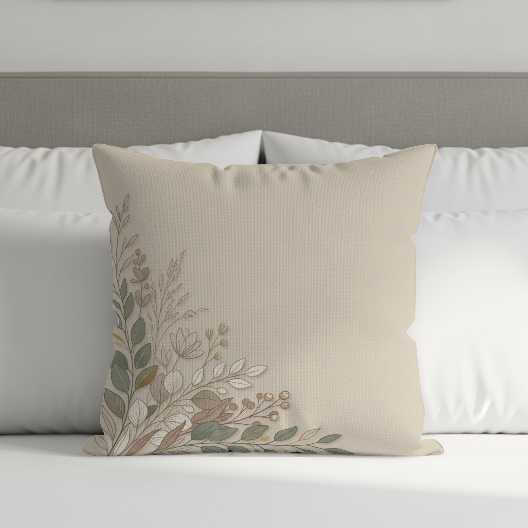 Tan decorative pillow with a delicate floral design on the left.